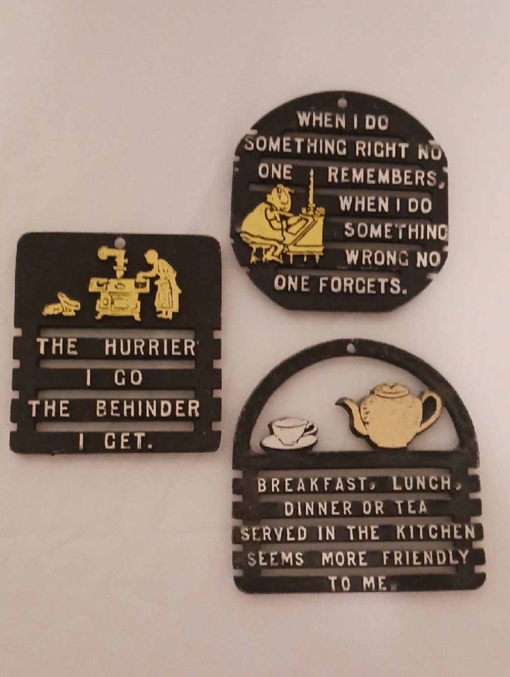 Set of 3 Vintage-Style Black, Yellow, and White Kitchen Metal Trivets.